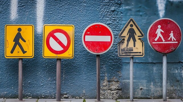 Four different traffic signs stand against a light blue background.

