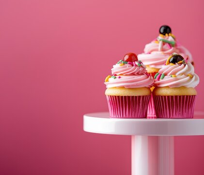 Three vibrant cupcakes with pink frosting and colorful toppings are displayed on a white stand against a pink background.