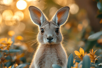 Golden Hour Gaze, A Young Kangaroo Portrait Amidst Floral Bloom