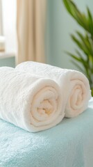 Relaxing spa experience with soft towels home bathroom product calm atmosphere close-up view