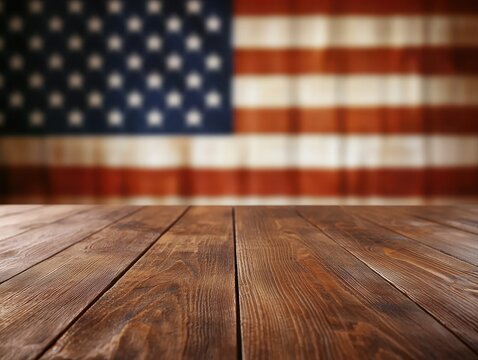A wooden table foreground with a blurred American flag background, evoking a sense of patriotism and Americana.
