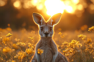 Golden Hour Encounter, A Young Kangaroo's Serene Stroll Through Floral Fields