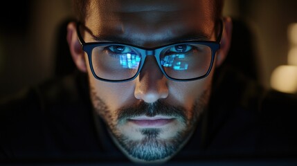 Obraz premium Close up view of focused businessman wears computer glasses for reducing eye strain blurred vision looking at pc screen with computer reflection using internet, reading, watching, working online late