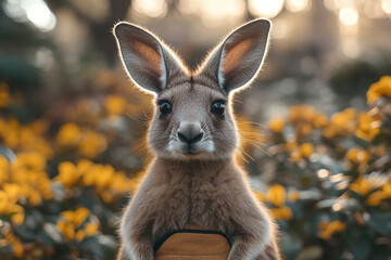 Golden Hour Gaze, An Eastern Grey Kangaroo Amidst Wildflowers