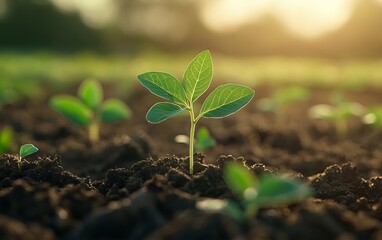 Fototapeta premium Vibrant young green seedling growing in rich dark soil under warm sunlight capturing the beauty of natural growth agriculture and environmental sustainability with a focus on new life and ecology