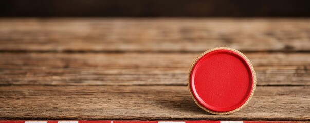 A round red object rests on a wooden surface, highlighting its vibrant color against the natural texture of the wood.