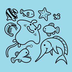 Lineart outline Sea Animal in cute colorful design for kids and education
