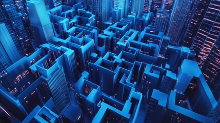 A realistic D maze with multiple paths leading to business solutions, surrounded by urban elements like skyscrapers and streets, representing corporate challenges and growth