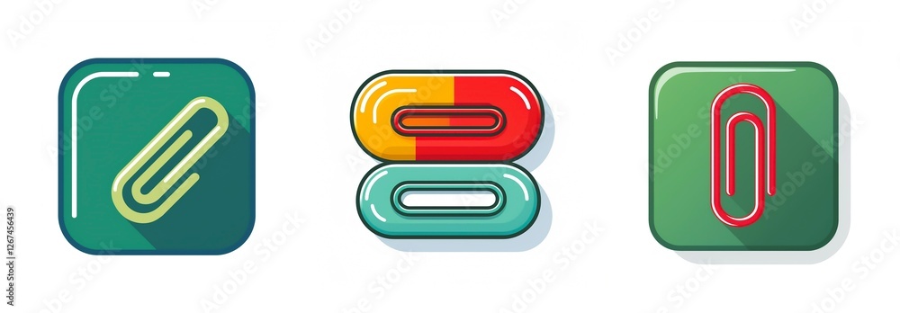 Poster Three icons showing stationery items. Green square icon with a yellow paperclip, red square icon with a red paperclip, and a pill icon with yellow and blue capsules.