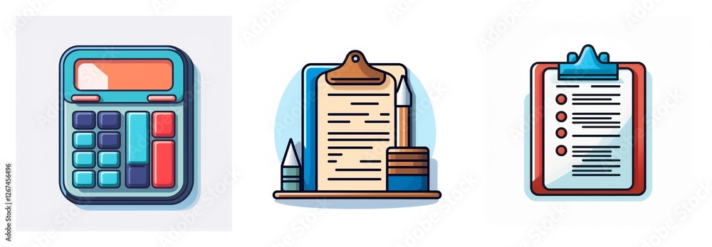 Poster icons depicting calculator, clipboard with paper and pen, and checklist. representing calculations, 