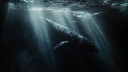 Fototapeta premium Giant whale underwater, in dark water - a majestic and mysterious image for ocean conservation, marine life, and adventure themes