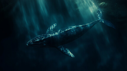 Fototapeta premium Giant whale underwater, in dark water - a majestic and mysterious image for ocean conservation, marine life, and adventure themes