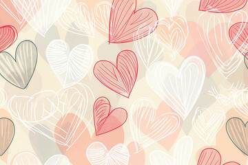 A hand-drawn holiday background featuring abstract hearts in various sizes, elegantly arranged in a seamless light pattern