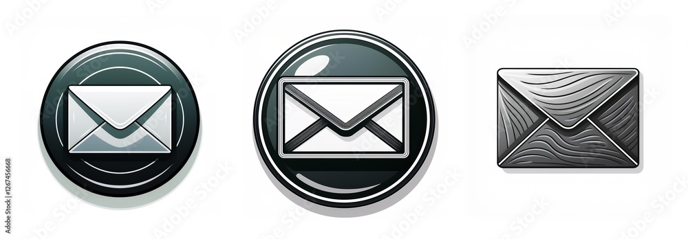 Aufkleber three email icons are displayed. two icons are round and glossy, featuring a white envelope symbol. 