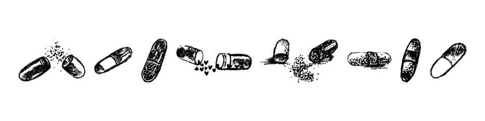 Hand draw pill icon set. Medicines vector illustration. Drug in sketch style.