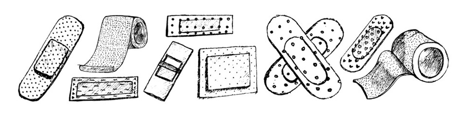Medical plaster icon. Band aid icon pack. Hand draw. Tape in sketch style.