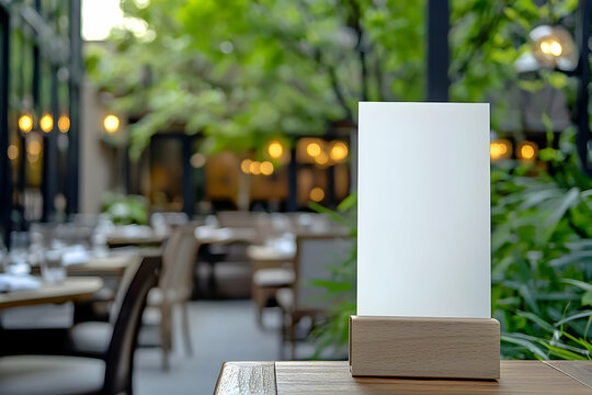 Vertical menu display at an upscale restaurant terrace, blending with refined outdoor seating.