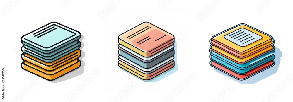Poster Isometric view of three stacks of papers in different colors. Each stack has multiple sheets and distinct color palettes.