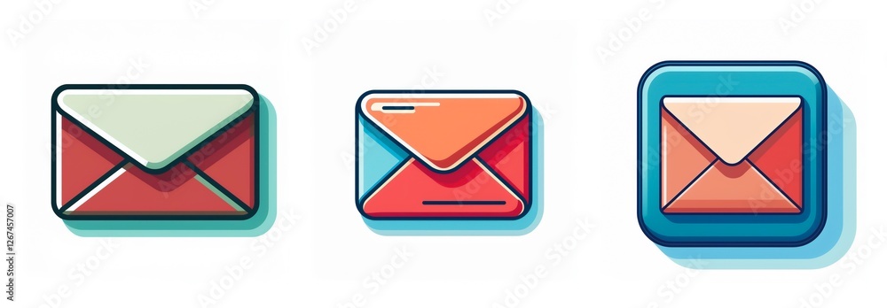 Aufkleber Three envelope icons are displayed, each with a unique style and color variation, representing digital communication.