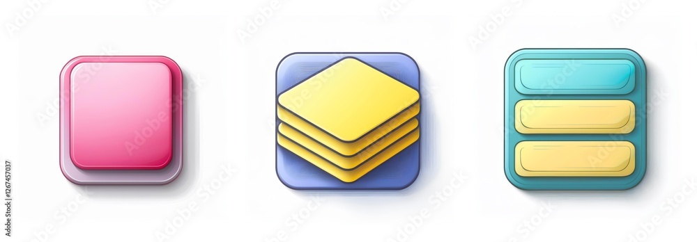 Poster three glossy icons: a pink square, stacked yellow squares, and a blue rectangle with yellow bars. ui