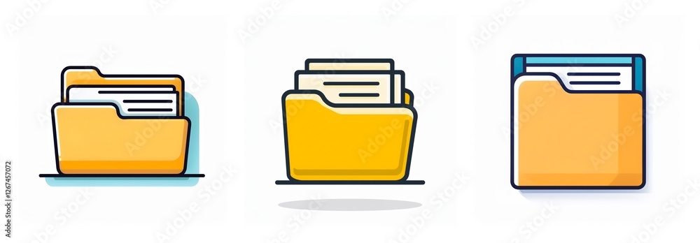 Leinwandbilder Three yellow folder icons in different styles, some are open with papers inside, representing file organization and data management.