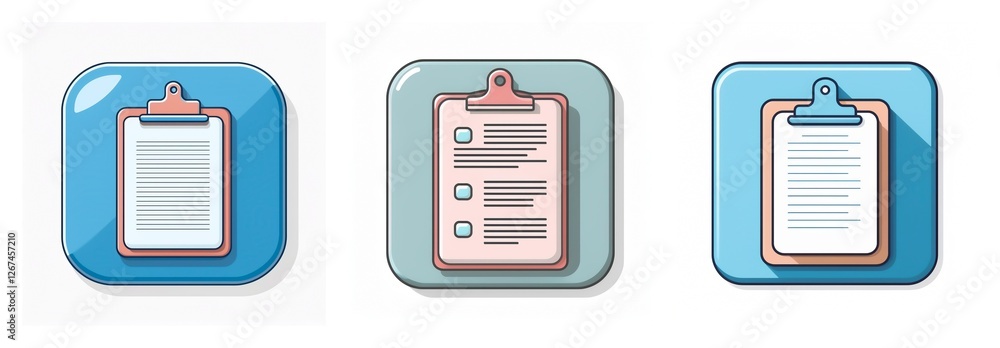 Aufkleber three clipboard icons display sheets of paper, representing diverse styles and functions for digital
