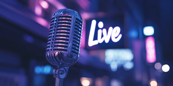 Vintage microphone with neon "Live" sign in vibrant urban setting. Perfect for music events, concert promotions, nightlife advertisements, and entertainment branding