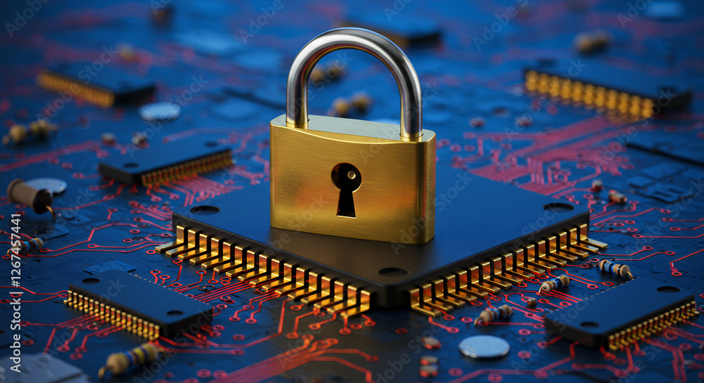 Poster secure data: padlock on cpu. protecting digital information & cyber security on motherboard, compute
