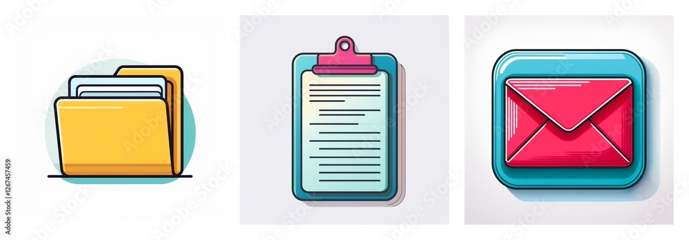 Poster three vector icons in a row depict a yellow folder, a clipboard with paper, and a red email envelope
