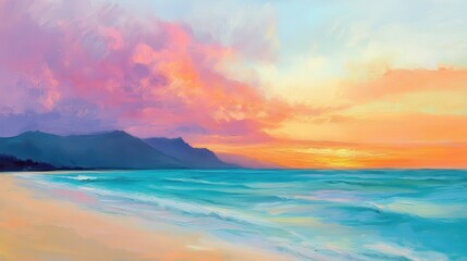 Fototapeta premium Stunning Pink Sunset Over Hawaii Beach Landscape