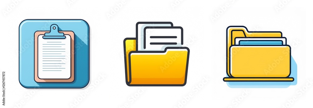 Poster Icons of clipboard with document, open and closed folders symbolize file organization and document management in a simple, cartoonish style.