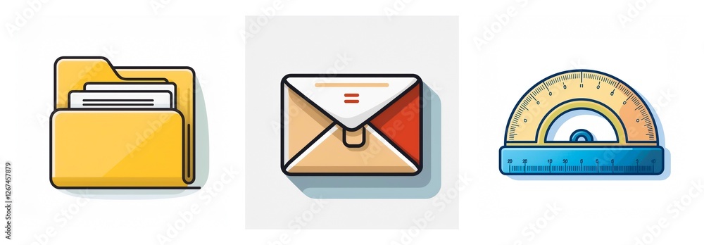 Aufkleber a row of three vector icons on a white background: a yellow folder with paper, a beige and red envel