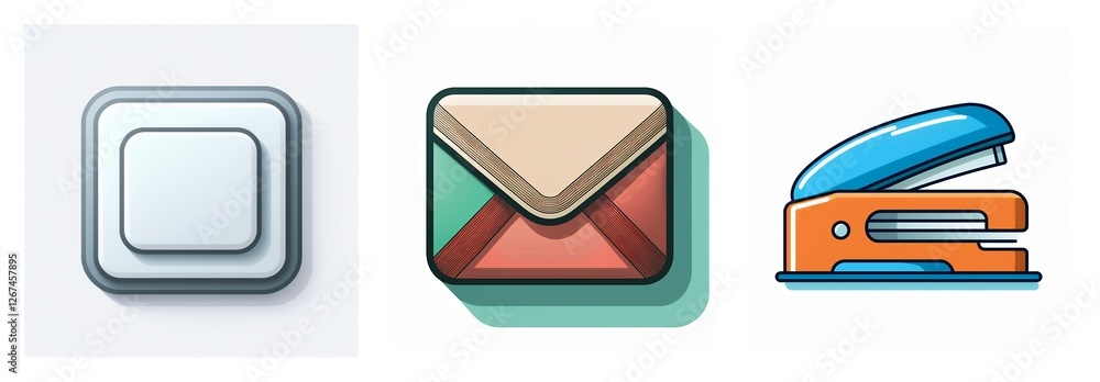 Poster Three office icons: a layered square button, a colorful envelope, and a blue and orange stapler for documents, presented on a white background.