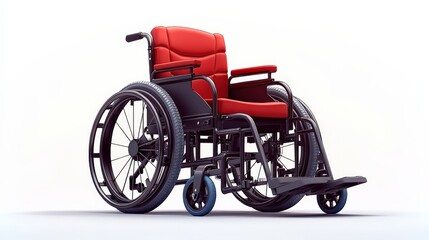 Fototapeta premium Modern wheelchair with red upholstery on a clean white background, showcasing ergonomic design