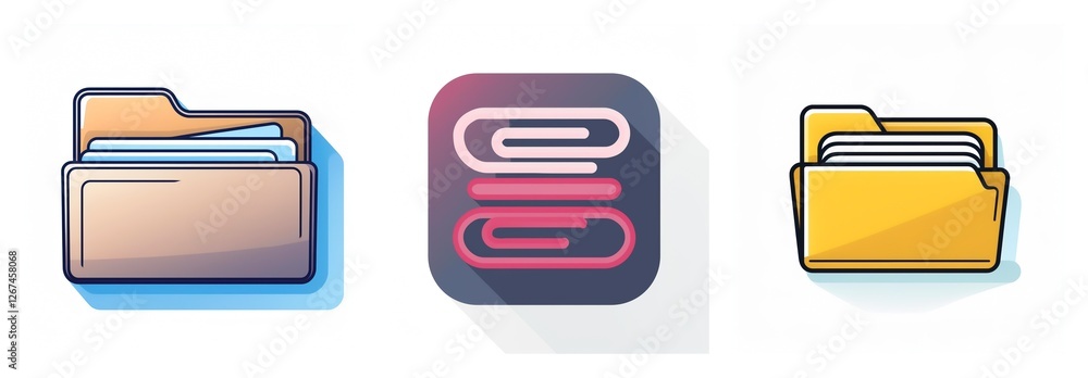 Poster three icons depict file management: beige and yellow folders with documents and a square icon with s