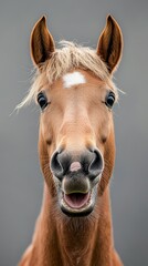 Fototapeta premium Happy horse portrait with soft mane in front of a gray backdrop during daylight hours