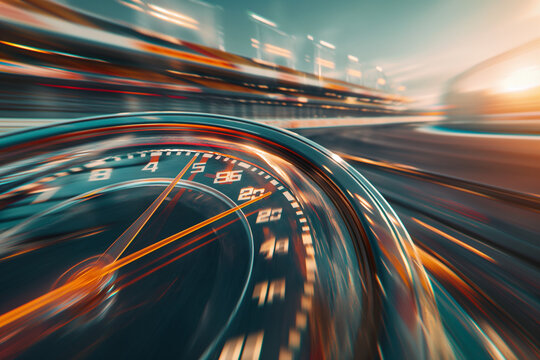 A high-speed speedometer scoring maximum velocity, with its needle pinned near the top, against a blurred racetrack background