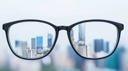 Cityscape viewed through eyeglasses; urban vision, future prospects