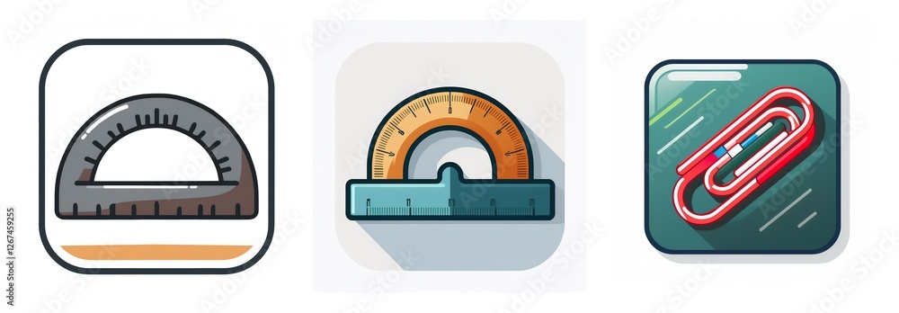 Poster Three app icons displaying school supplies. The first two icons show different styles of protractors, for measuring angles. The third icon shows a red paper clip.