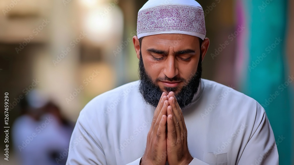 Poster a devoted muslim man bows in prayer, his hands clasped in humility, within the tranquil environment 