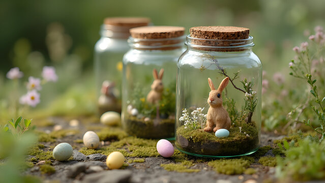 Easter scenes in glass jars. Miniature terrarium ideas for Easter. Ultra realistic Easter decorations. Create charming glass jar displays.