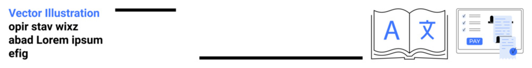 Open book with A and translation symbol, adjacent to an online translation platform layout. Ideal for education, language learning, translation, globalization, technology tools, cultural exchange