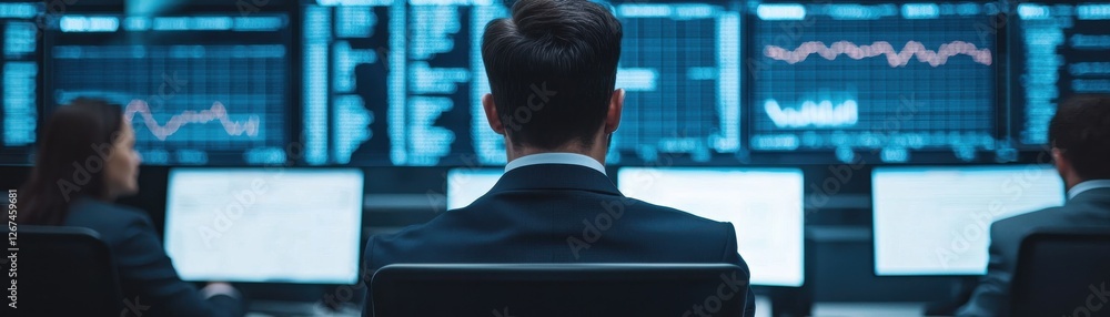 Aufkleber focused traders analyzing financial data on multiple monitors in modern trading room environment