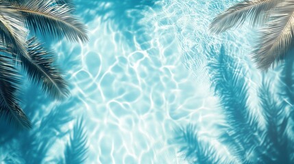 An aerial view of pool with palm trees. Coconuts and palms on blue background with blue waves. Tropical tropical pool with a waterfall and a waterfall in summer. A bird's-eye view of a lifestyle.