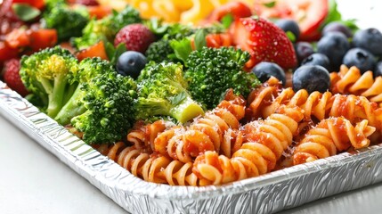 Vibrant pasta salad brimming with fresh produce and delightful presentation