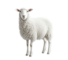 Fototapeta premium A white sheep stands in front of a white background. The sheep is looking at the camera with a curious expression. Concept of calm and peacefulness