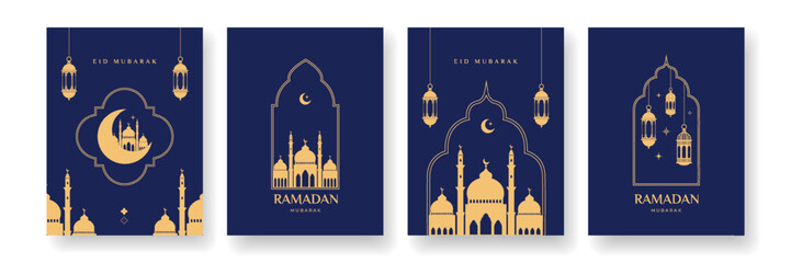 Ramadan and Eid Mubarak set. Modern vector illustration with silhouettes mosque, lanterns, windows, arches, crescent and stars. Design template for greeting banner, card,  web, poster.