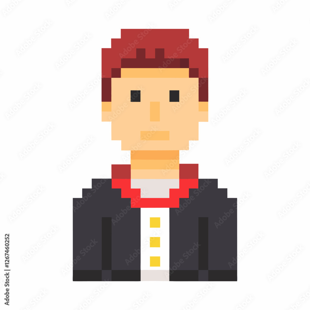 Poster pixel art portrait of a red haired character in retro style