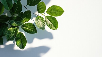 Fototapeta premium Lush green leaves cast shadows on white background