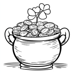 A pot of gold with coins and shamrocks for St. Patrick's Day